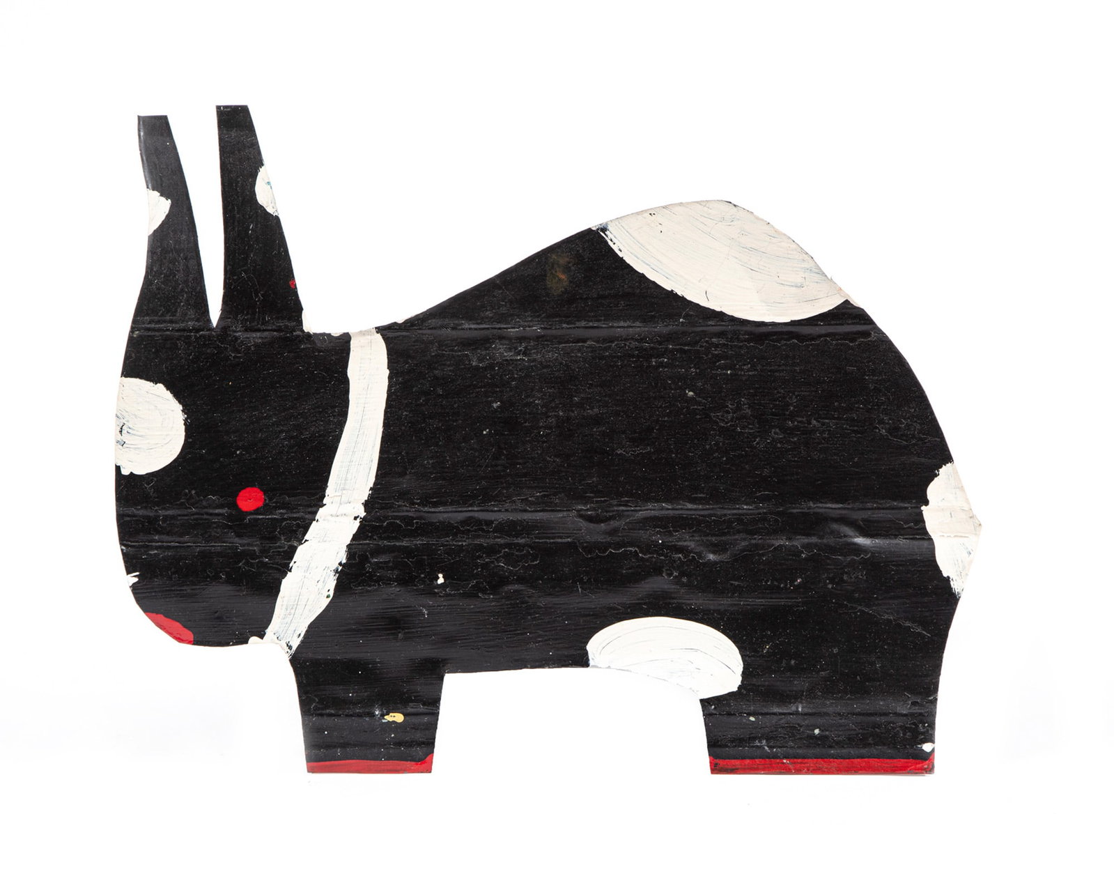 Reuben Aaron Miller, American/Georgia 1912-2006, "Polka Dot Bunny", paint on shaped sheet metal: Reuben Aaron Miller American/Georgia, 1912-2006 "Polka Dot Bunny" paint on shaped sheet metal partially signed upper left, unframed. 12 1/4 x 15 1/4 in. (31.1 x 38.7 cm.)