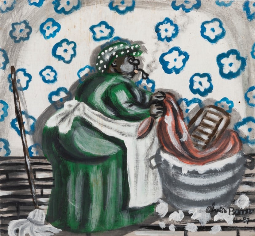 Alvin Batiste, American/Louisiana 1932-2007, "Big Mama Wash Day", oil on panel: Alvin Batiste American/Louisiana, 1932-2007 "Big Mama Wash Day" oil on panel 1987, signed and dated lower right, inscribed "#745" en verso, unframed. 10 1/2 x 11 1/4 in. (26.7 x 28.6 cm.)
