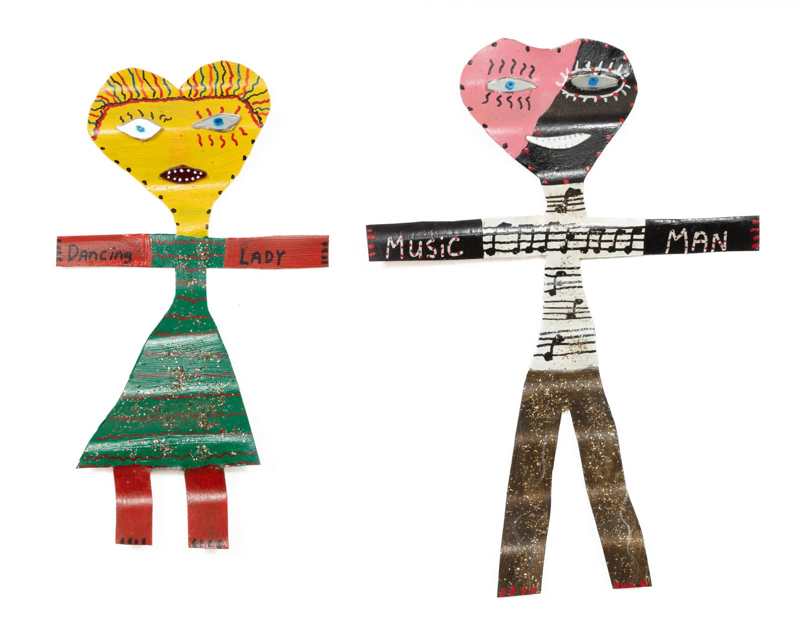 Shine and William "Leroy's Boys" Sonnier, American/Louisiana 20th c., "Dancing Lady" and "Music: Shine and William "Leroy's Boys" Sonnier American/Louisiana, 20th c. "Dancing Lady" and "Music Man" 2 paint and mixed medias on found tin 2004, each signed by William en verso, one dated, unframed. (2