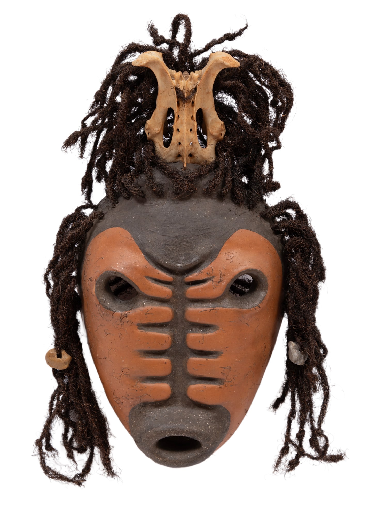 Dale Pierrottie, American/Louisiana 20th c., "Black Clay Mask with Bousillage and Cured Moss", mixed (1 of 3)