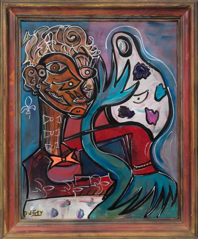 Dusty Reed, American/Louisiana 20th c., "Untitled: Two Figures", mixed media on gallery-wrapped: Dusty Reed American/Louisiana, 20th c. "Untitled: Two Figures" mixed media on gallery-wrapped canvas signed lower left, framed. 20 x 16 in. (50.8 x 40.6 cm.), Frame: 23 5/8 x 19 5/8 x 1 1/2 in. (60 x 