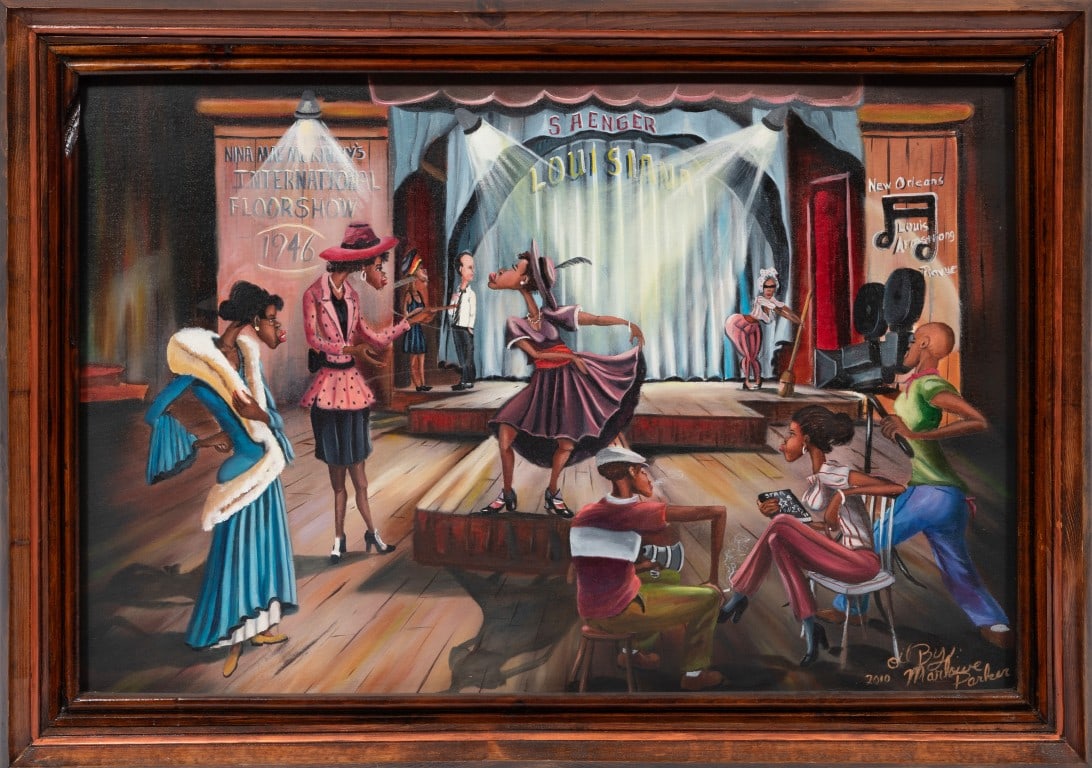 Marlowe Parker, American/Louisiana 20th c., "The Moose Heads, Ida Mae on Walk, Person to Person",: Marlowe Parker American/Louisiana, 20th c. "The Moose Heads, Ida Mae on Walk, Person to Person" oil on canvas 2010, signed and dated lower right, signed, titled and dated en verso, framed. Note: Louis