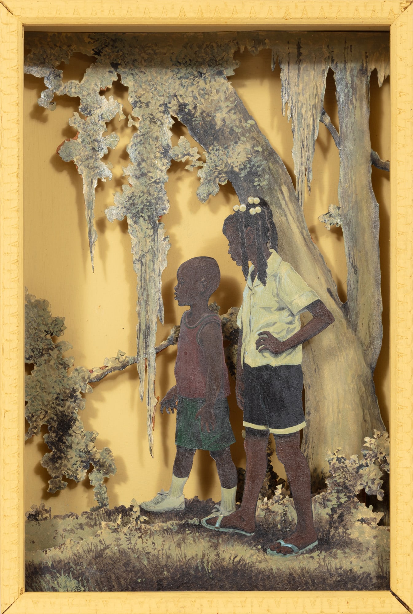 Southern School 20th c., "Sibling Bond", painted carved wood and mixed media assemblage: Southern School 20th c. "Sibling Bond" painted carved wood and mixed media assemblage unsigned. 12 3/8 x 8 3/8 x 3 in. (31.4 x 21.3 x 7.6 cm.)