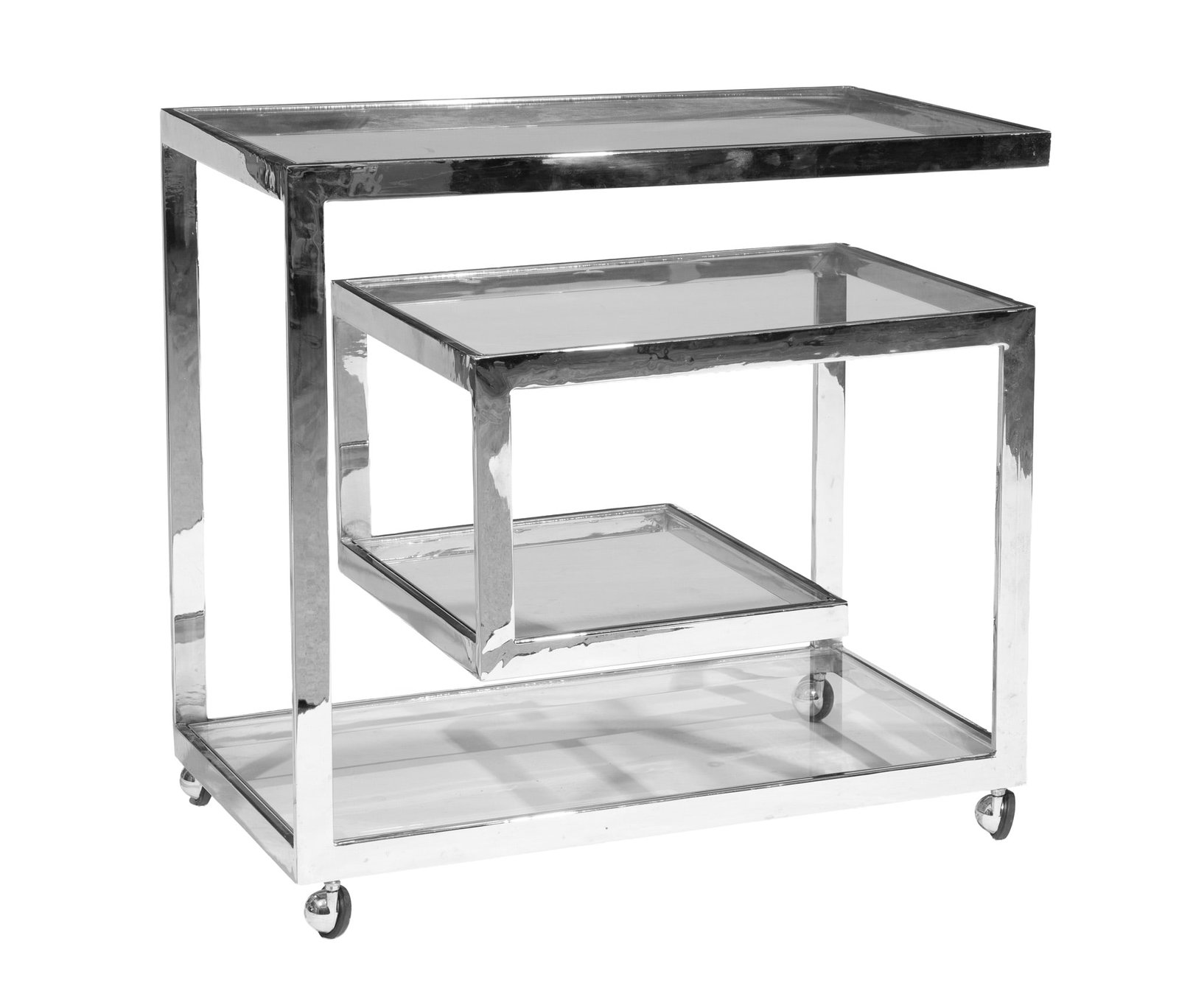 Contemporary Chrome and Glass Bar Cart: Contemporary Chrome and Glass Bar Cart four shelves, on casters 30 x 32 x 18 in. (76.2 x 81.3 x 45.7 cm.)
