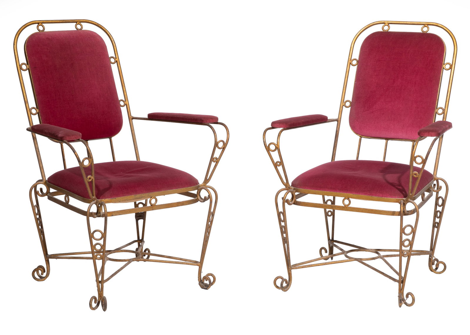 Pair of French Art Deco Gilt Metal Chairs: Pair of French Art Deco Gilt Metal Chairs 1940s, with red velvet upholstery 36 x 24 x 29 in. (91.4 x 61 x 73.7 cm.)