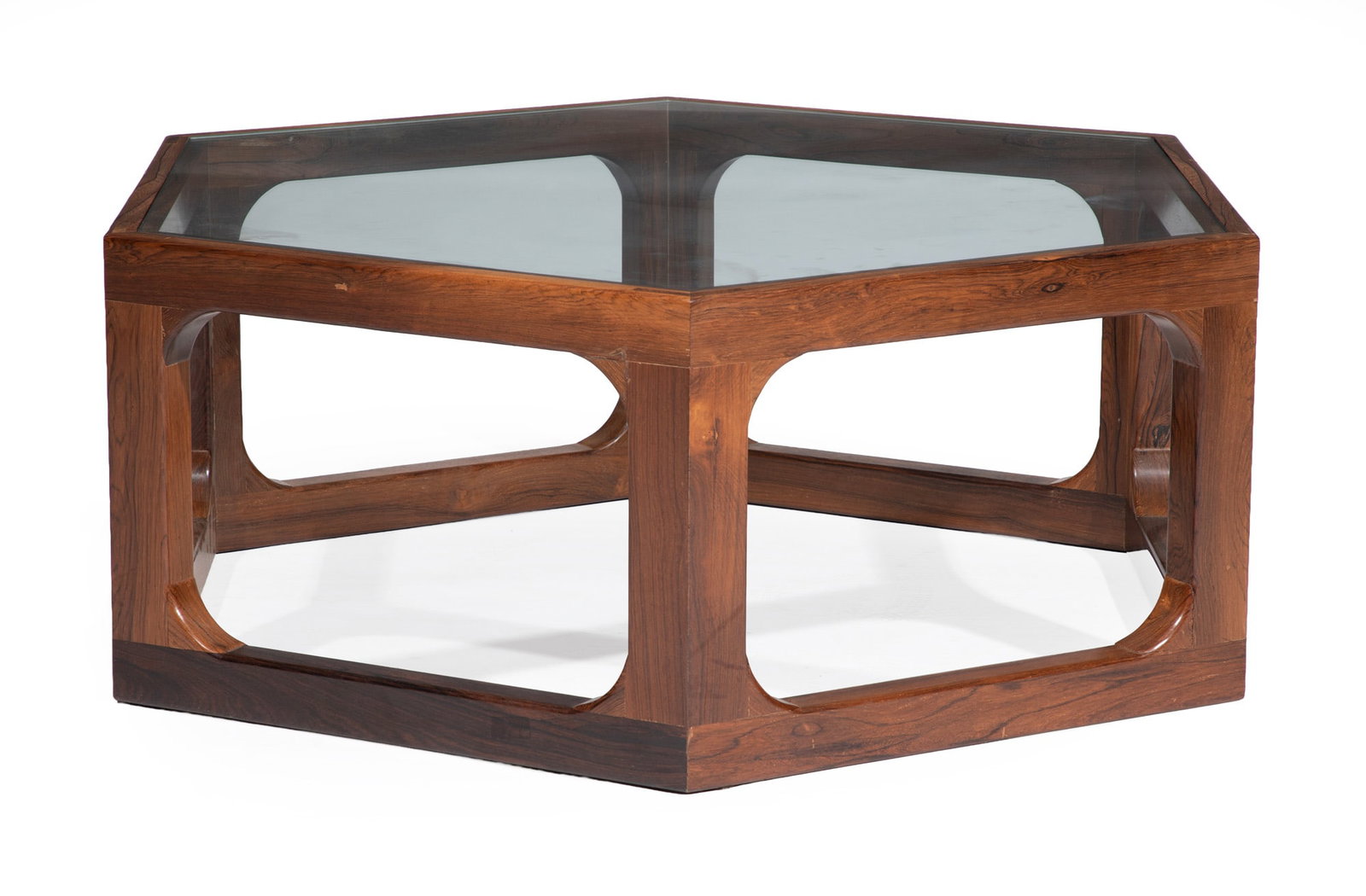 Contemporary Carved Rosewood and Glass Coffee Table: Contemporary Carved Rosewood and Glass Coffee Table custom made by Daniel F. Kumler, Ocala, Florida 16 x 44 x 44 in. (40.6 x 111.8 x 111.8 cm.)