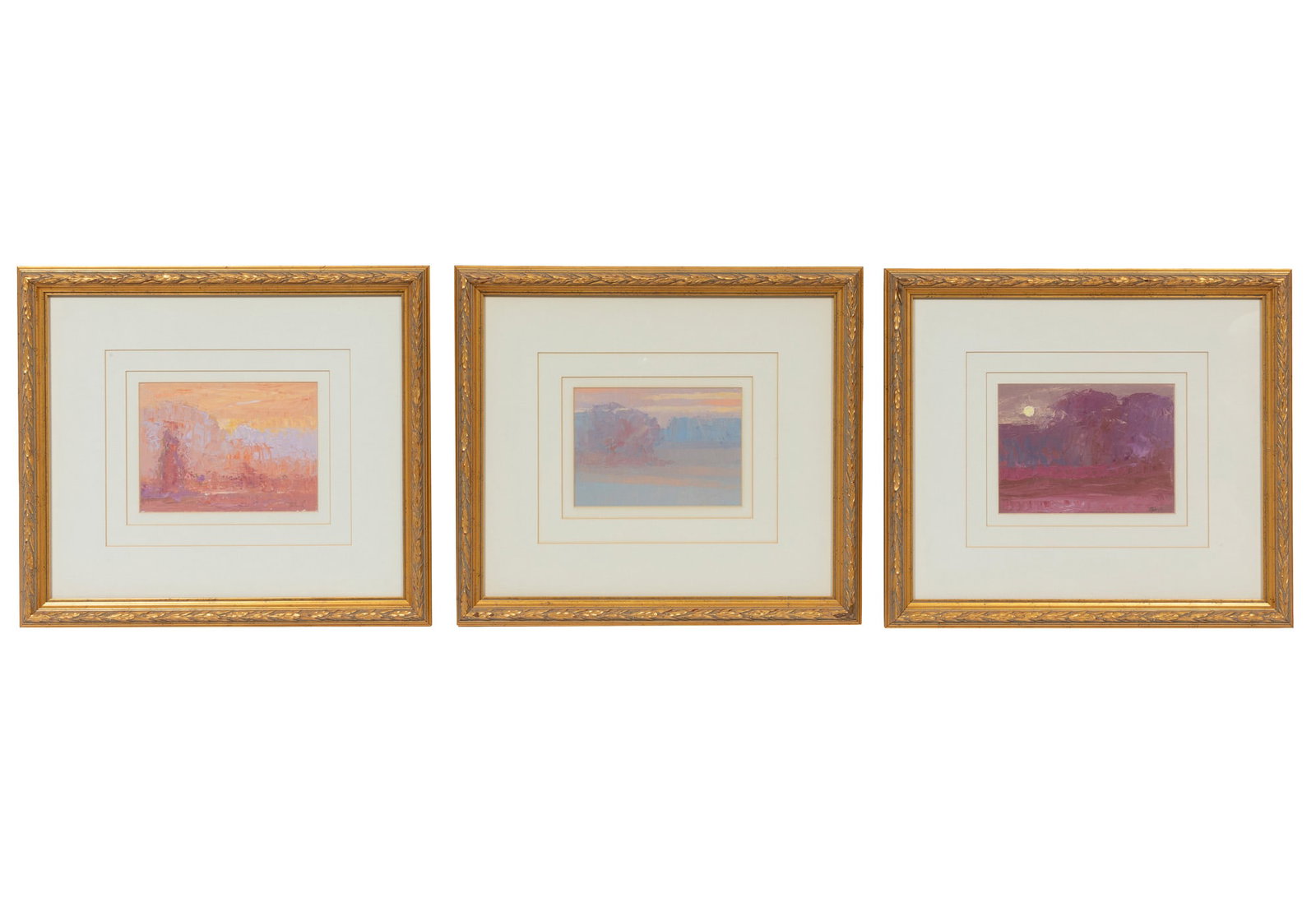 American School 20th c., "Autumn Dawn", "Sunset After the Rain" and "Autumn Moon", 3 oils on panel: American School 20th c. "Autumn Dawn", "Sunset After the Rain" and "Autumn Moon" 3 oils on panel 1992/1993, each indistinctly signed lower right, each indistinctly signed, titled and dated en verso, f