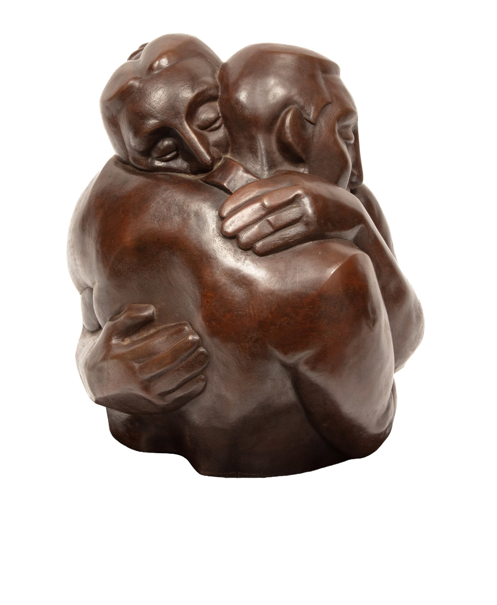 Edward Povey, British b. 1951, "Embracing Couple", bronze: Edward Povey British, b. 1951 "Embracing Couple" bronze 1999, signed, dated and numbered "14/41" on male figure, rotating base. (2 pcs.) 16 1/2 x 16 x 16 in. (41.9 x 40.6 x 40.6 cm.), Overall Height: 
