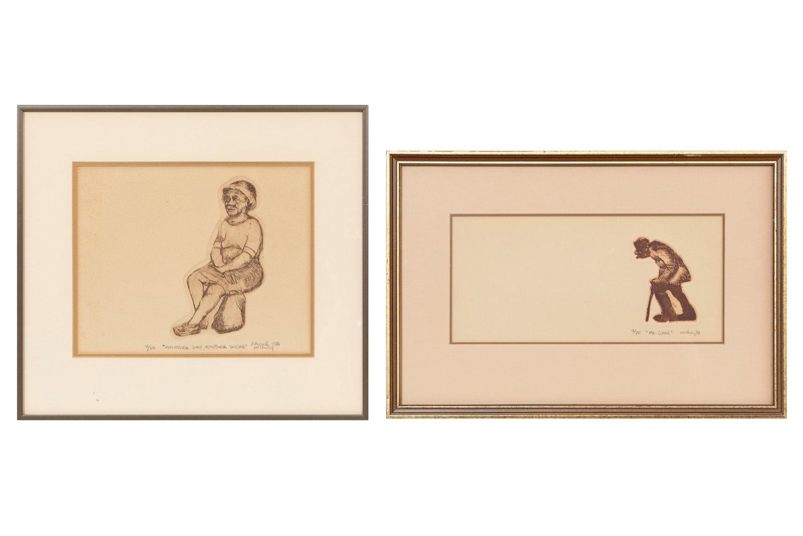 Edward McCluney, American/Washington D.C. b. 1944, "Another Day, Another Dollar" and "Mr. Clark", 2: Edward McCluney American/Washington D.C., b. 1944 "Another Day, Another Dollar" and "Mr. Clark" 2 shaped-plate etching and aquatints 1971/1973, each pencil-signed, titled, dated and numbered "3/50 or 
