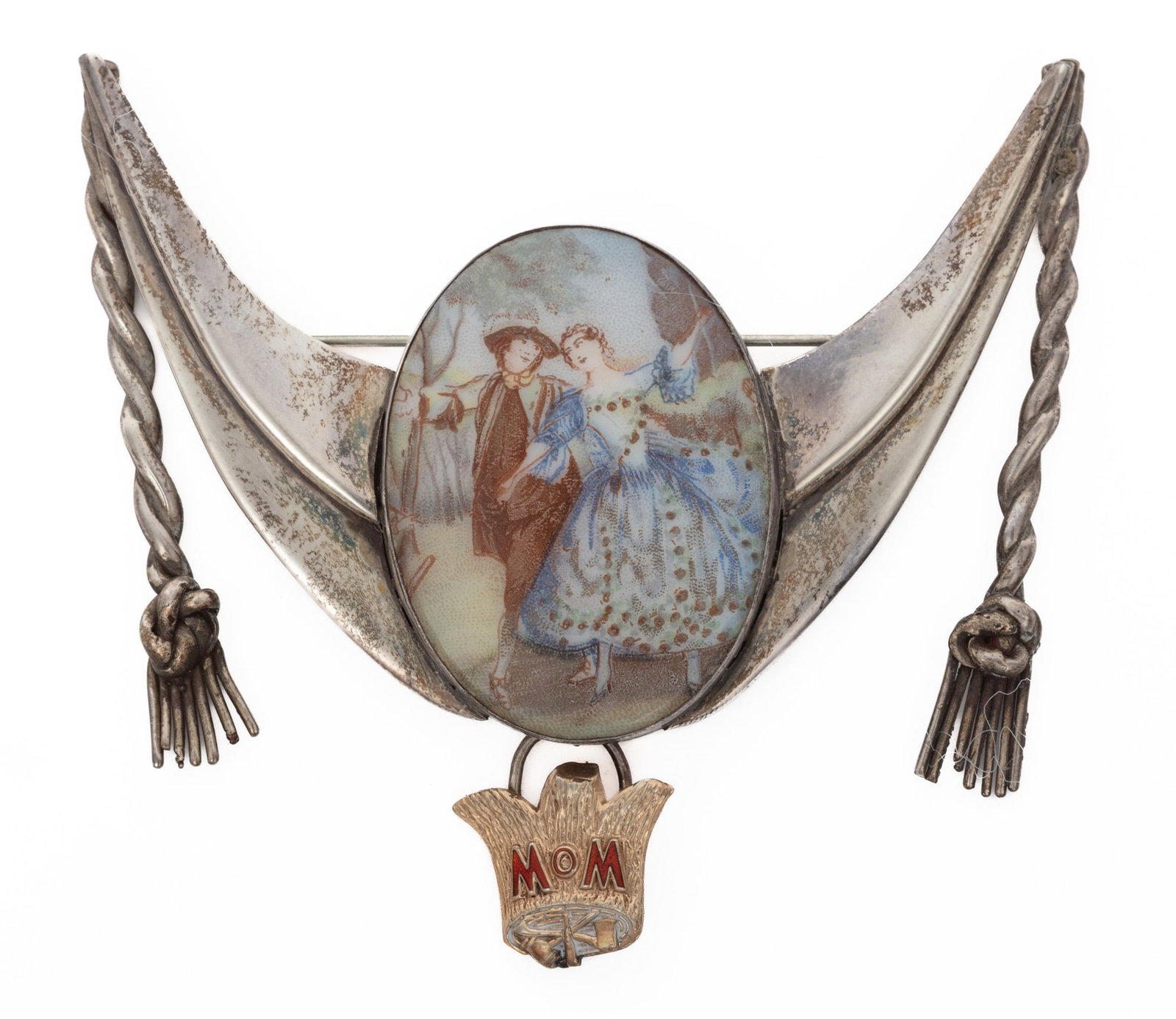 Ruth Roach (American, 1913-1979) Sterling Silver Brooch with Courting Couple Plaque: Ruth Roach (American, 1913-1979) Sterling Silver Brooch with Courting Couple Plaque marked, l. 3 in., w. 3 in. Provenance: Collection of Marbeth Schon; Private collection, New Orleans, Louisiana. Refe