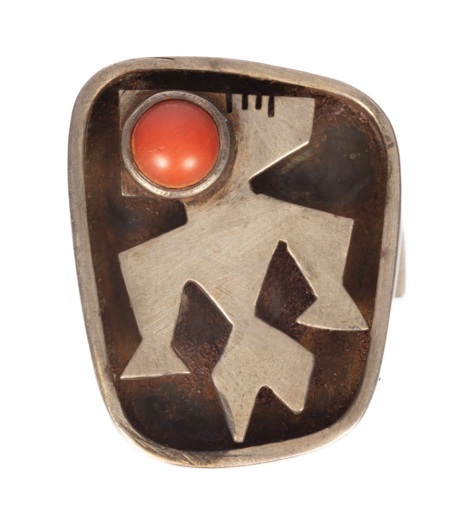 Ed Weiner (1918-1991) Sterling Silver and Cabochon Coral Ring: Ed Weiner (1918-1991) Sterling Silver and Cabochon Coral Ring marked, size 7, 6.27 dwts. Provenance: Collection of Marbeth Schon; Private collection, New Orleans, Louisiana.