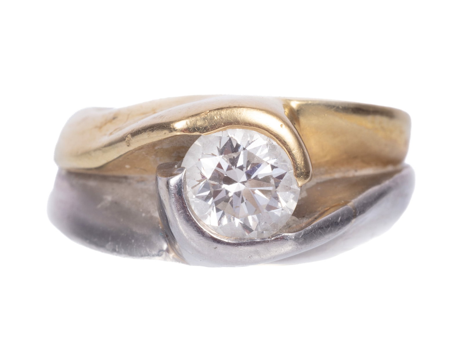 Modernist Style 18 kt. Yellow Gold, 18 kt. White Gold and Diamond Ring: Modernist Style 18 kt. Yellow Gold, 18 kt. White Gold and Diamond Ring center round diamond, wt. approx. 1.25 cts.; size 5.5; 8.69 dwts. handcrafted by jeweler at Currents, New Orleans, LA. Provenance