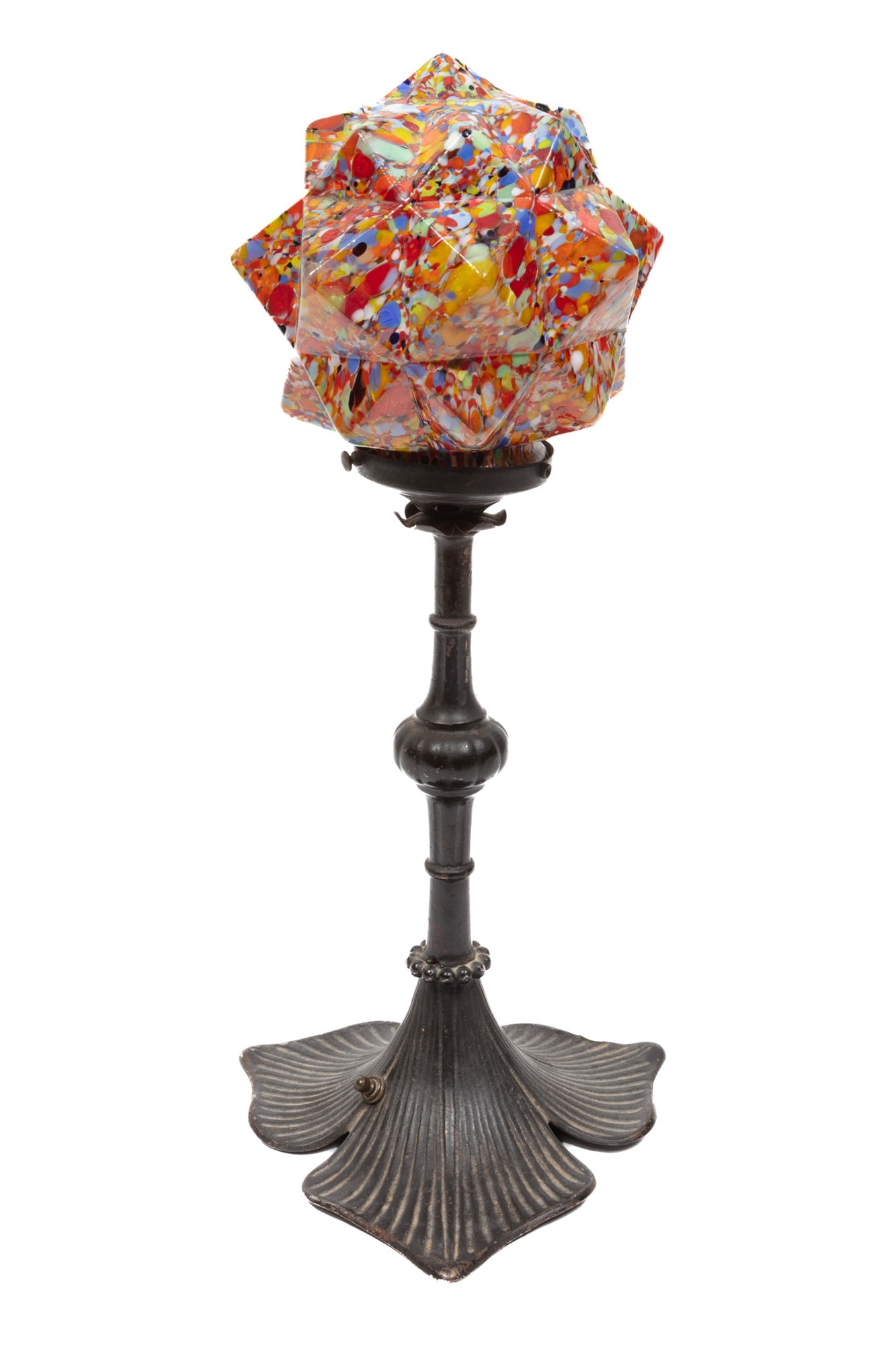 Art Deco Boudoir or Table Lamp with Colorful Glass Shade: Art Deco Boudoir or Table Lamp early 20th c., starburst shade, lotus petal base, h. 19 in.