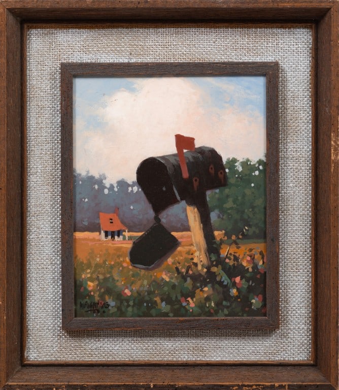 Don Wright, American/Louisiana 1938-2007, "Rural Route", oil on panel: Don Wright American/Louisiana, 1938-2007 "Rural Route" oil on panel 2003, signed and dated lower left, signed en verso, framed. 10 x 8 in. (25.4 x 20.3 cm.), Frame: 15 1/2 x 13 1/2 x 2 in. (39.4 x 34.