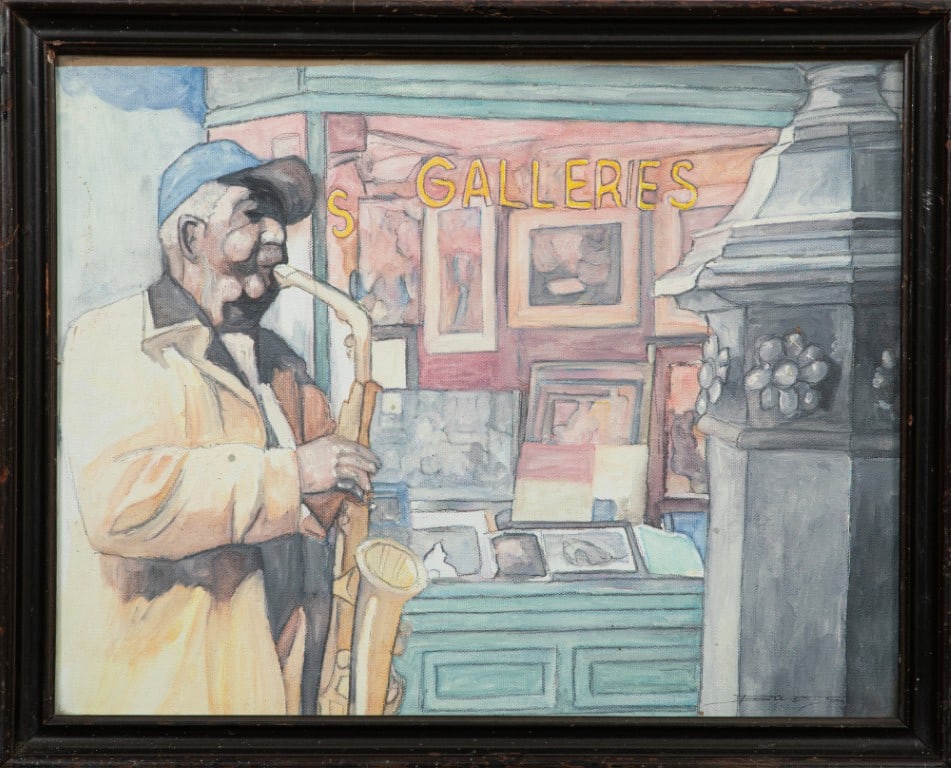 John Scott Boles, American/Louisiana 20th c., "Sax on Royal", acrylic and graphite on unstretched: John Scott Boles American/Louisiana, 20th c. "Sax on Royal" acrylic and graphite on unstretched canvas signed lower right, framed. 11 5/8 x 15 in. (29.5 x 38.1 cm.), Frame: 13 1/2 x 16 3/4 x 1 1/4 in.