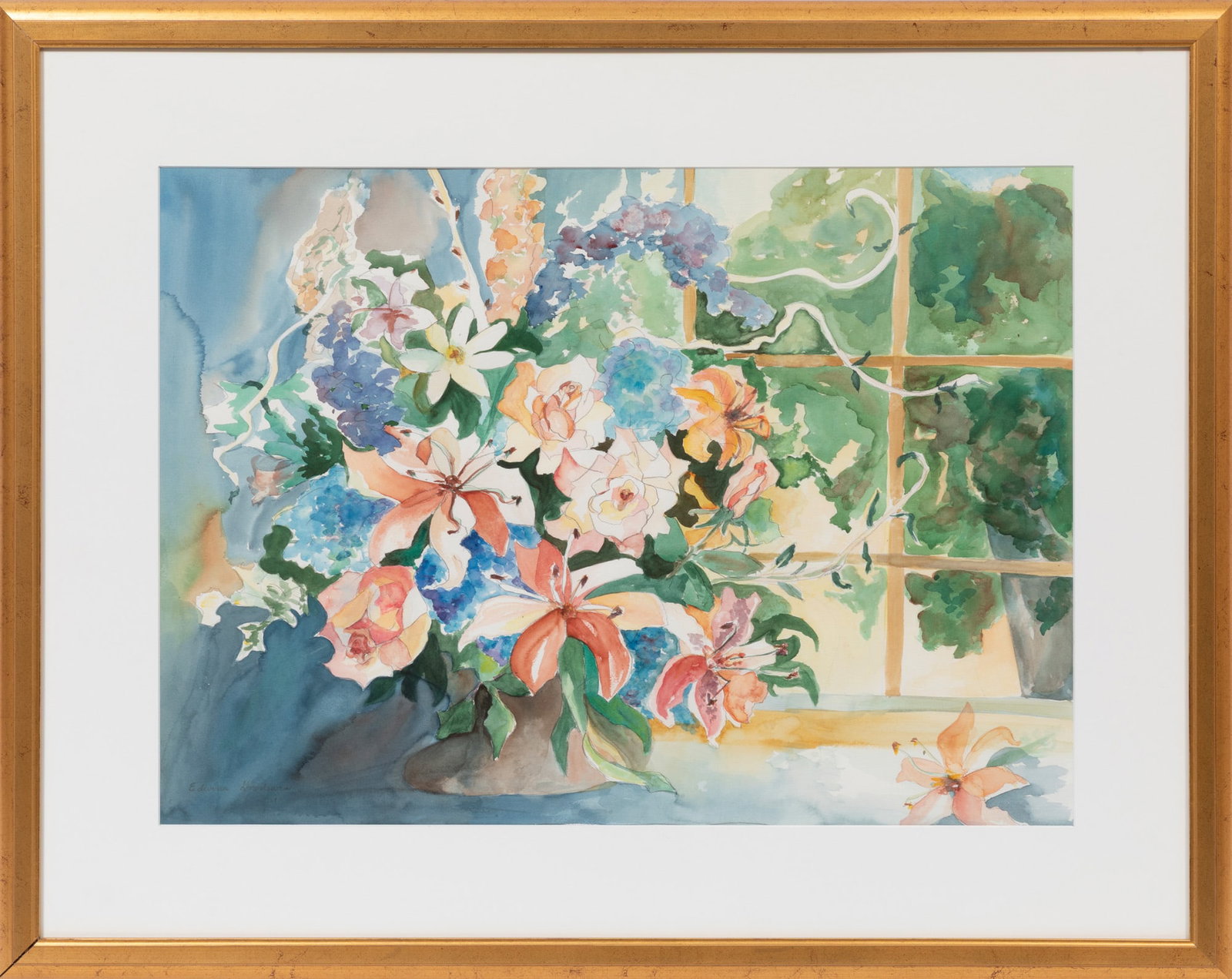Edwina Goodman, American/Mississippi 1930-2015, "Flowers in a Windowsill", watercolor on Arches: Edwina Goodman American/Mississippi, 1930-2015 "Flowers in a Windowsill" watercolor on Arches paper signed lower left, framed. Sight: 20 1/2 x 28 1/2 in. (52.1 x 72.4 cm.), Frame: 30 1/2 x 38 1/2 x 3/