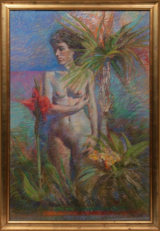 Jack Pardue, American/North Carolina 1943-2023, ?Nude?, pastel on linen laid on foam core: Jack Pardue American/North Carolina, 1943-2023 ?Nude? pastel on linen laid on foam core signed lower right, "Studio S, Alexandria, VA" label on backing paper, framed. Note: Jack Pardue graduated from 
