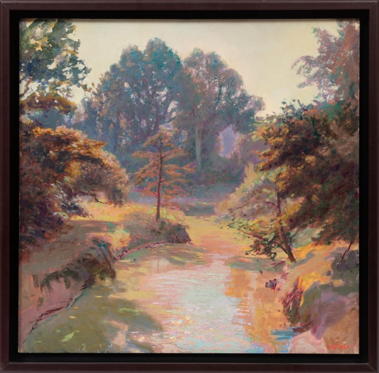 Gerald Deloach, American/Mississippi b. 1948, "Hazy Morning Landscape with Creek", oil on masonite (1 of 3)