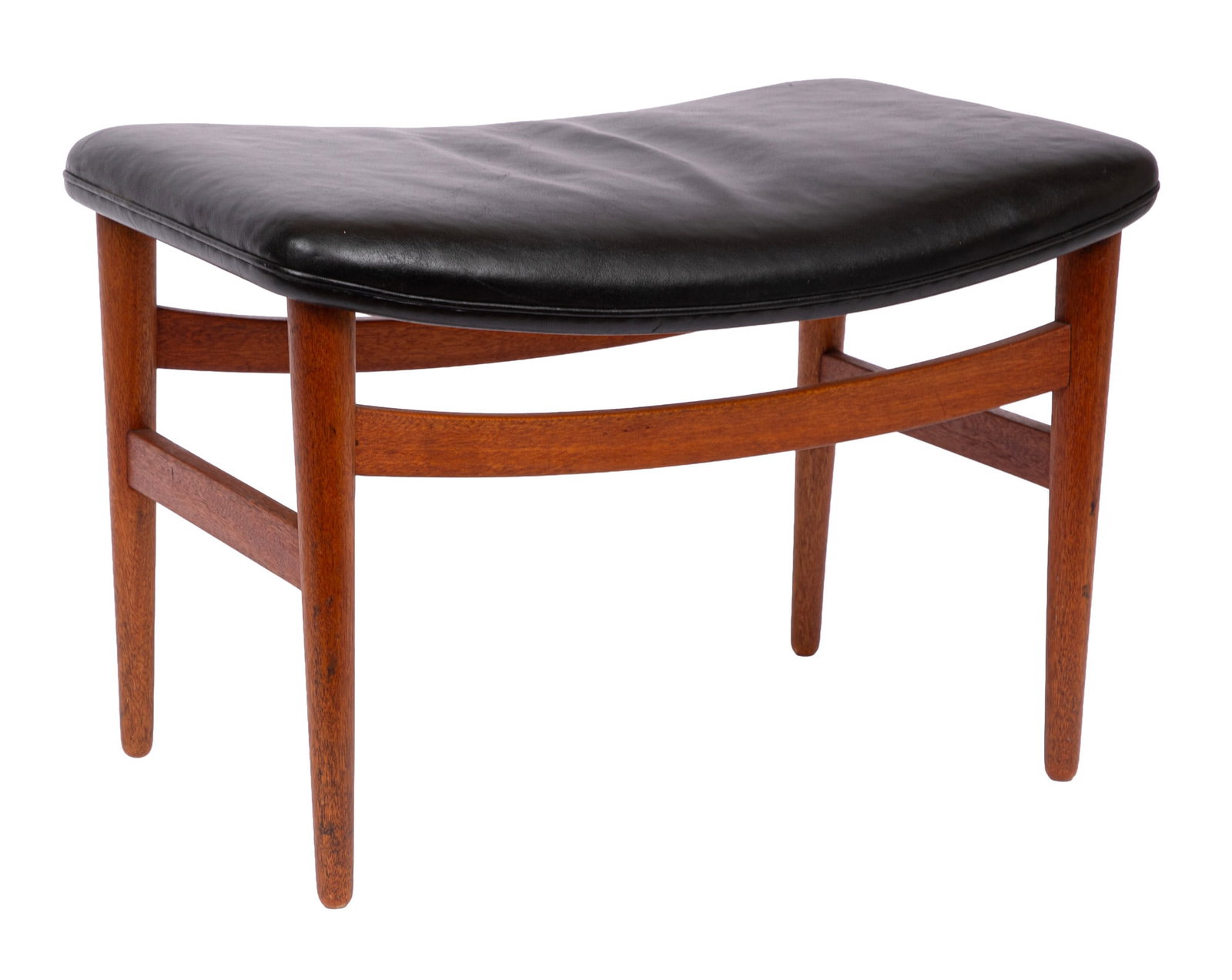 Jacob Kjaer Leather and Teak Ottoman: Jacob Kjaer Leather and Teak Ottoman c. 1954, Denmark, fully labeled 15 x 22 x 13 in. (38.1 x 55.9 x 33 cm.)