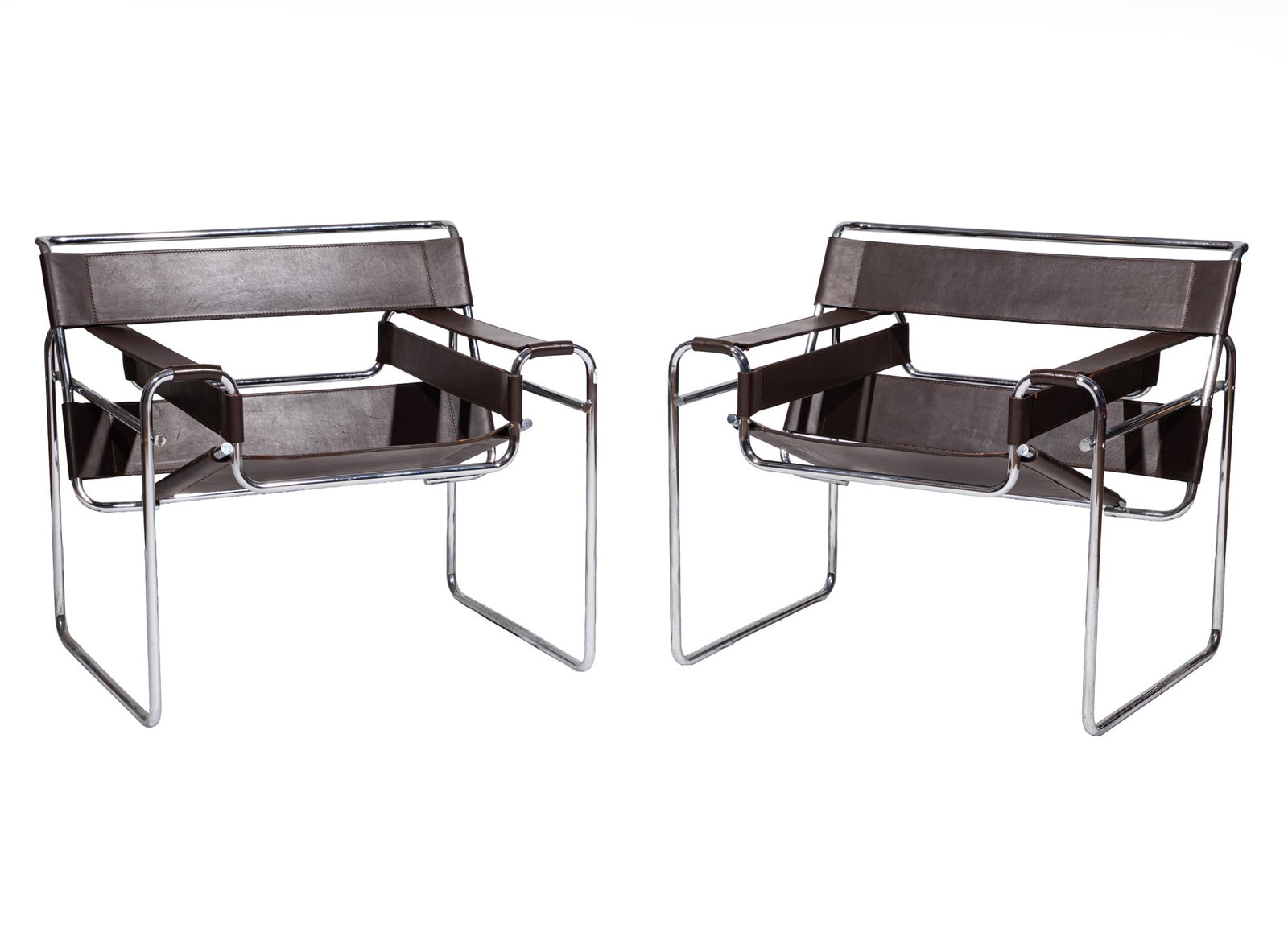 Pair of Marcel Breuer-Style "Wassily" Lounge Chairs: Pair of Marcel Breuer-Style "Wassily" Lounge Chairs chrome steel and leather 28 1/2 x 30 3/4 x 28 in. (72.4 x 78.1 x 71.1 cm.)