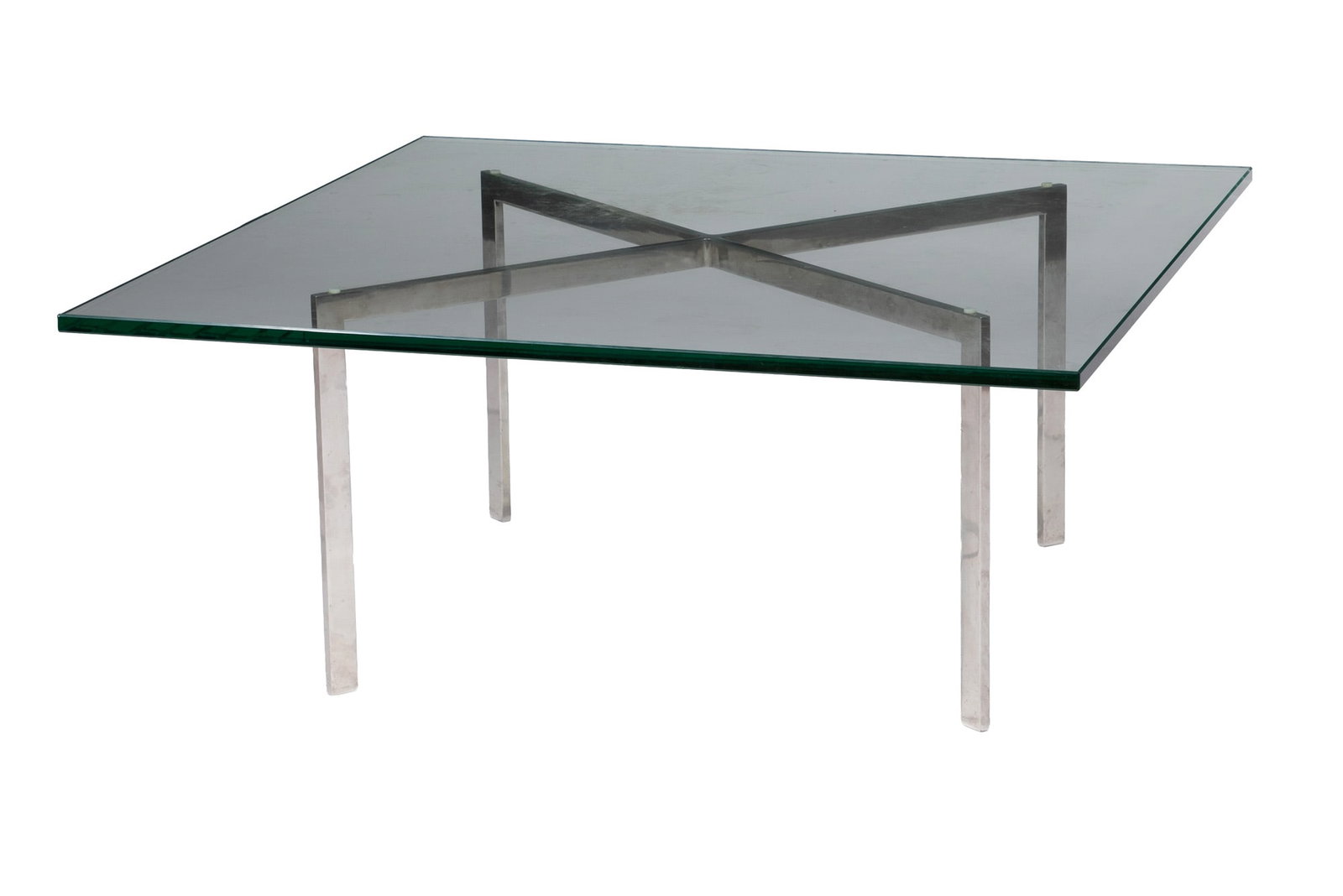 Mies van der Rohe "Barcelona" Coffee Table: Mies van der Rohe "Barcelona" Coffee Table chrome steel base, 3/4-inch glass top 16 3/4 x 40 x 40 in. (42.5 x 101.6 x 101.6 cm.)