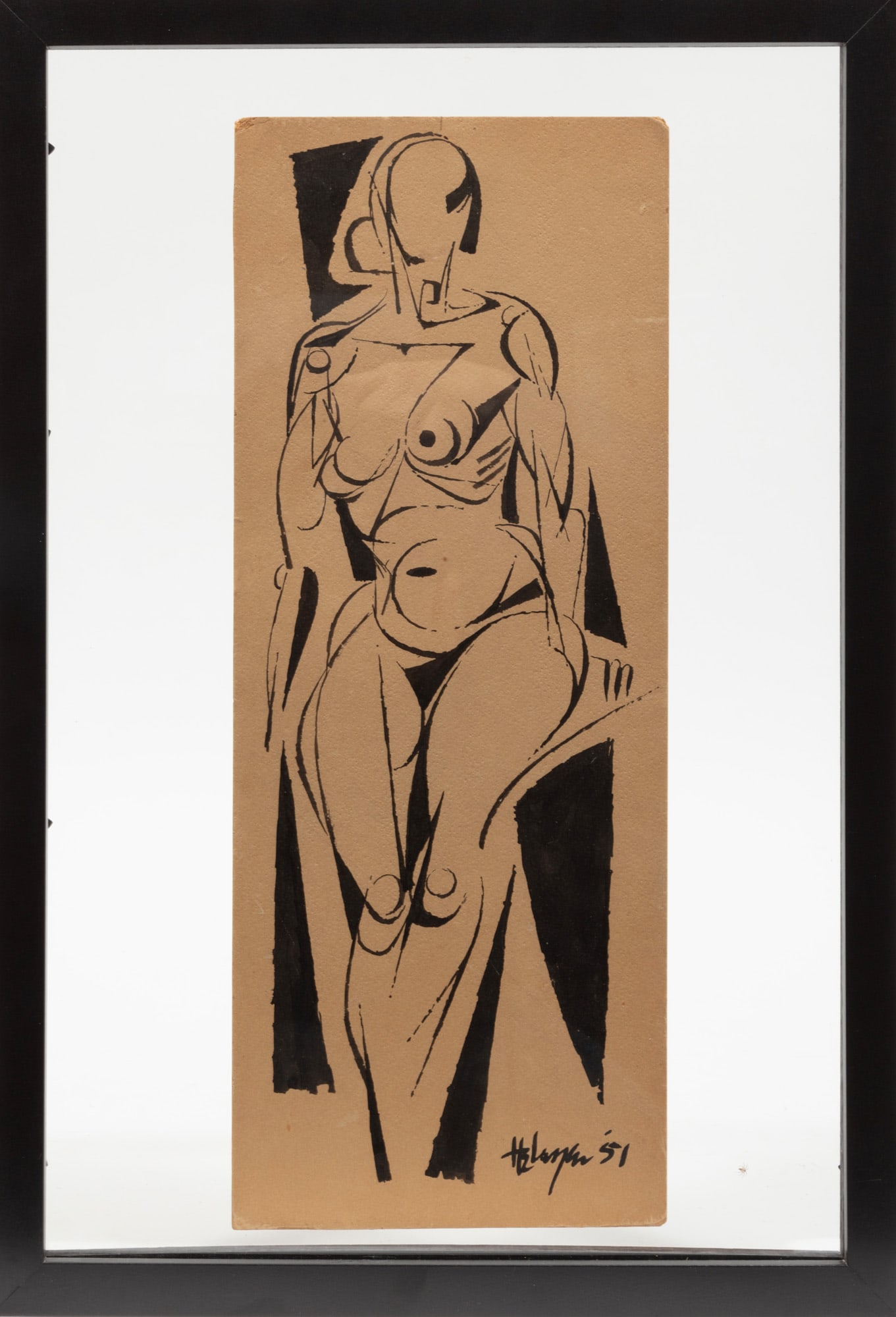 Robert Helmer, American/Louisiana 1922-1990, "Modernist Nude Figure", woodblock print on board: Robert Helmer American/Louisiana, 1922-1990 "Modernist Nude Figure" woodblock print on board 1951, signed and dated lower right, framed. 16 x 6 1/4 in. (40.6 x 15.9 cm.), Frame: 19 x 13 x 3/4 in. (48.