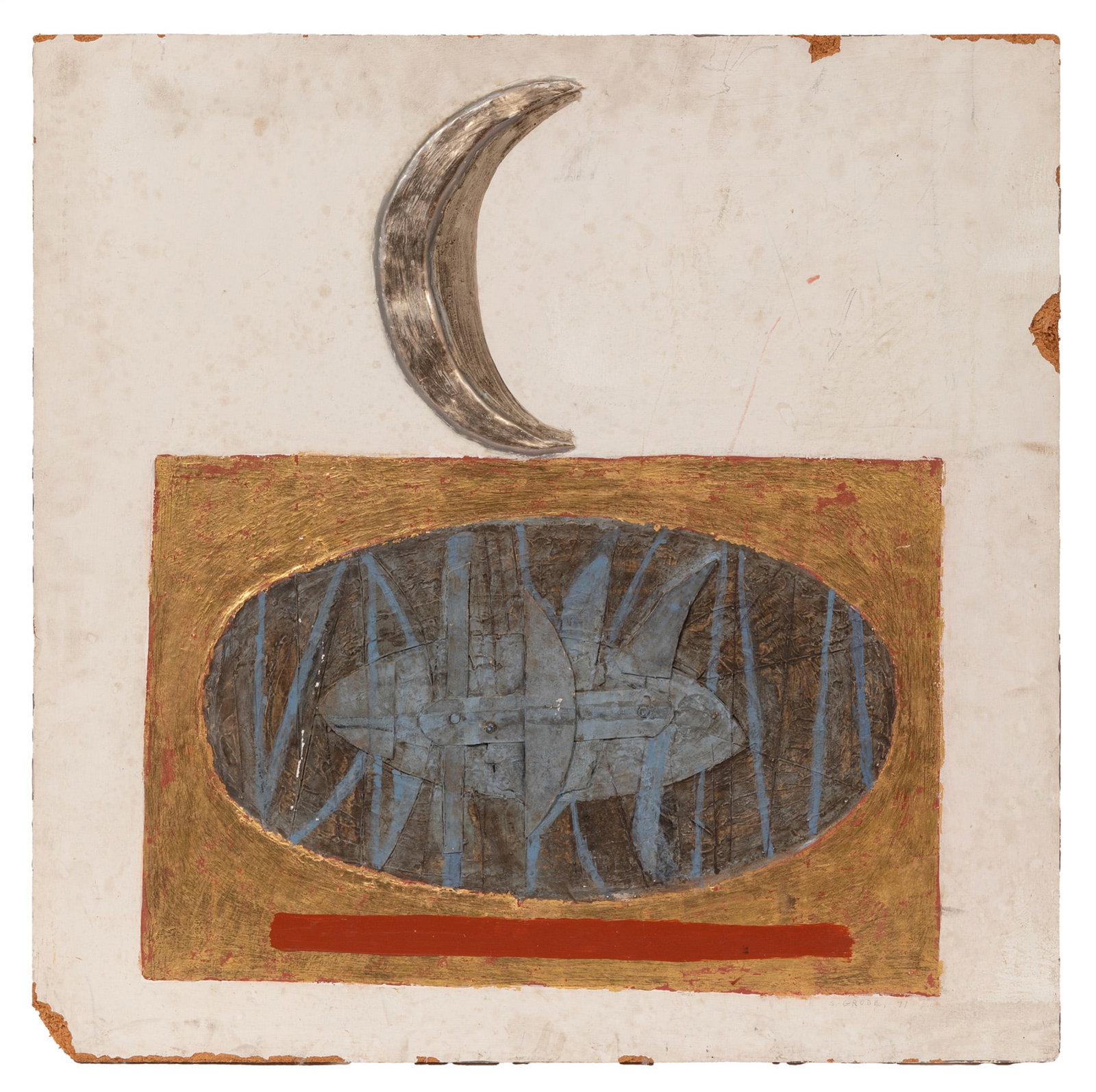Shearly Grode, American/Louisiana 1925-2003, "Blue Cocoon", mixed media on particle board: Shearly Grode American/Louisiana, 1925-2003 "Blue Cocoon" mixed media on particle board 1971, signed and dated lower right, signed, titled and dated en verso, unframed. Note: A native of New Orleans a