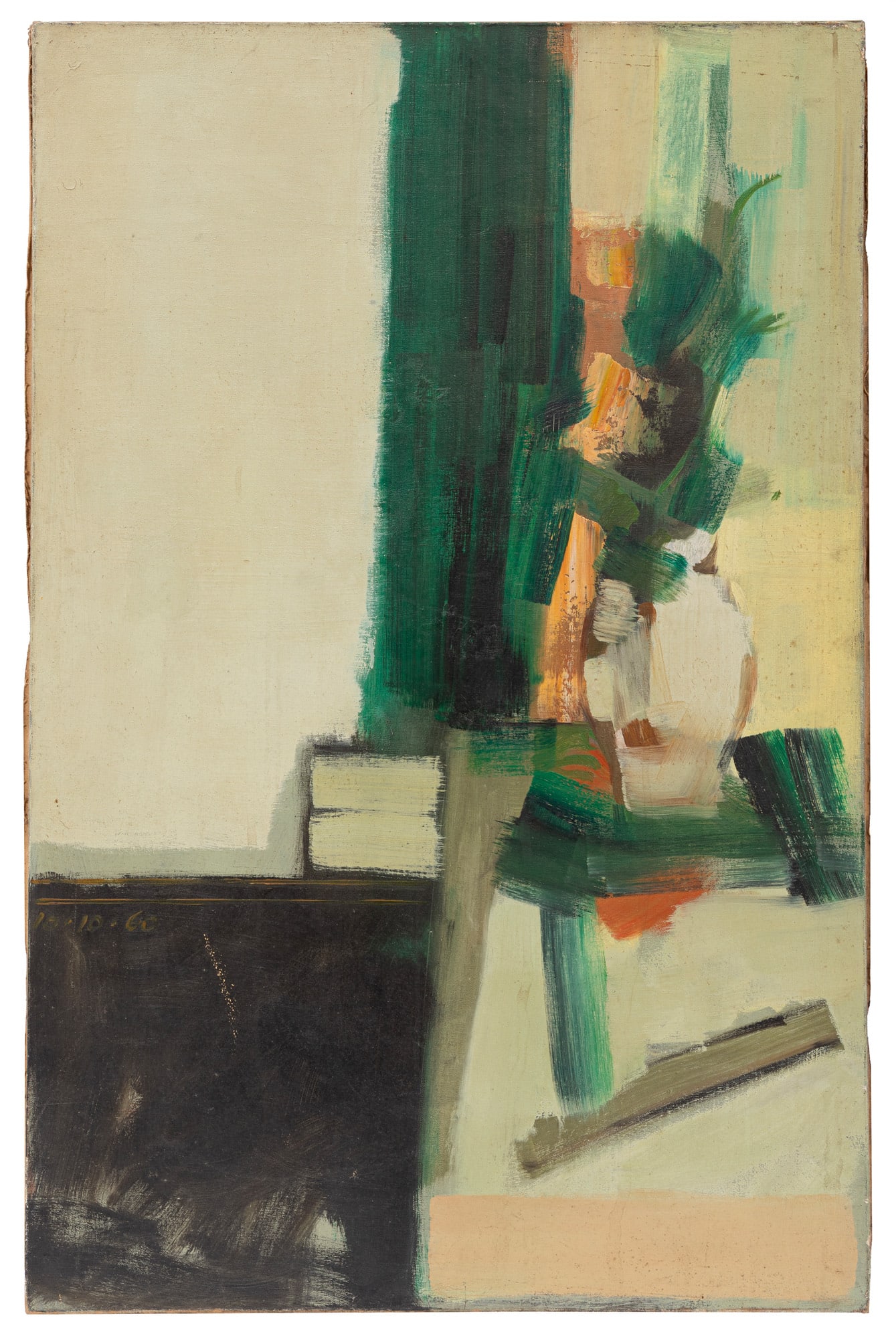 Jean Seidenberg, American/Louisiana 1930-2022, "Monday Still Life", oil on canvas: Jean Seidenberg American/Louisiana, 1930-2022 "Monday Still Life" oil on canvas 1960, signed en verso, dated mid-left, "Orleans Gallery, New Orleans, LA" label with artist and title on stretcher, unfr