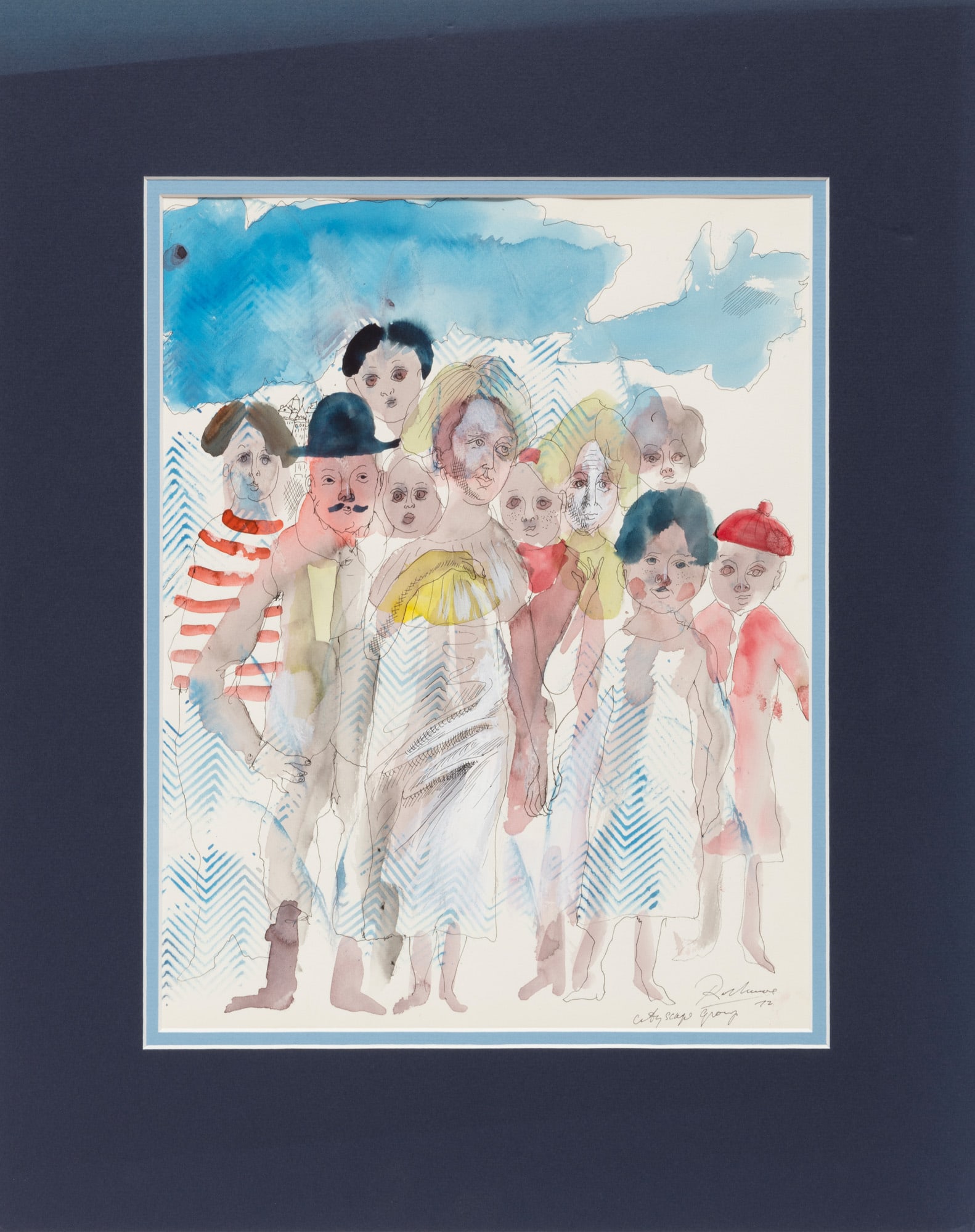 Noel Rockmore, American/Louisiana 1928-1995, ?Cityscape Group?, watercolor and ink on paper: Noel Rockmore American/Louisiana, 1928-1995 ?Cityscape Group? watercolor and ink on paper 1972, signed, titled and dated lower right, matted; accompanied by "Shirley Marvin Collection" Certificate of 
