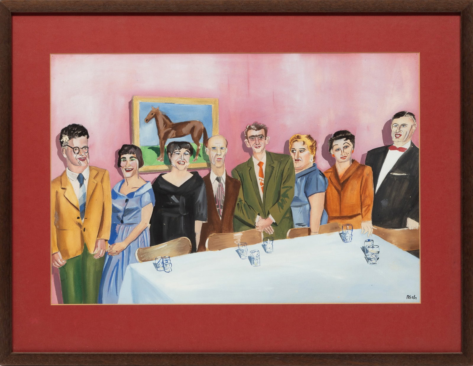 Francie Rich, American/Louisiana b. 1947, "Good Old Boys", gouache and pencil on paper: Francie Rich American/Louisiana, b. 1947 "Good Old Boys" gouache and pencil on paper signed lower right, handwritten label with artist, title and media on backing board, framed. 15 x 22 1/4 in. (38.1 