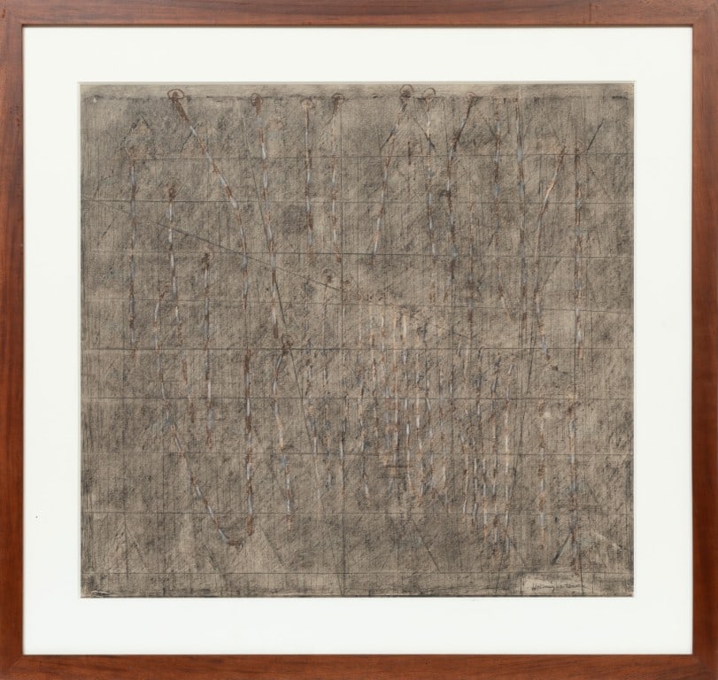Hasmig Vartanian, Israeli/Louisiana b. 1946, "Untitled Compositon", mixed media on board: Hasmig Vartanian Israeli/Louisiana, b. 1946 "Untitled Compositon" mixed media on board signed lower right, "The Frame Shop Gallery 912, Lafayette, LA" label on backing paper, framed. 26 1/4 x 28 in. (
