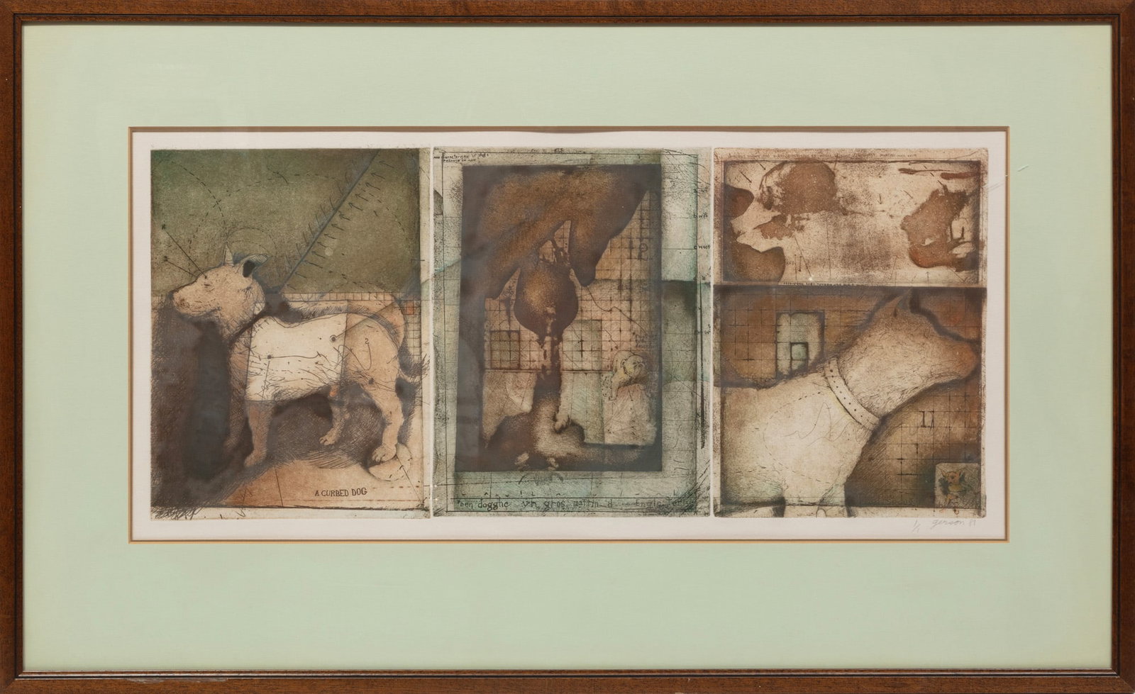 Alan Gerson, American/Louisiana b. 1952, "Characteristics of Dogs", etching and aquatint monotype on: Alan Gerson American/Louisiana, b. 1952 "Characteristics of Dogs" etching and aquatint monotype on paper mounted to board 1981, pencil-signed, dated and numbered "1/1" lower margin, framed. Plates: 11