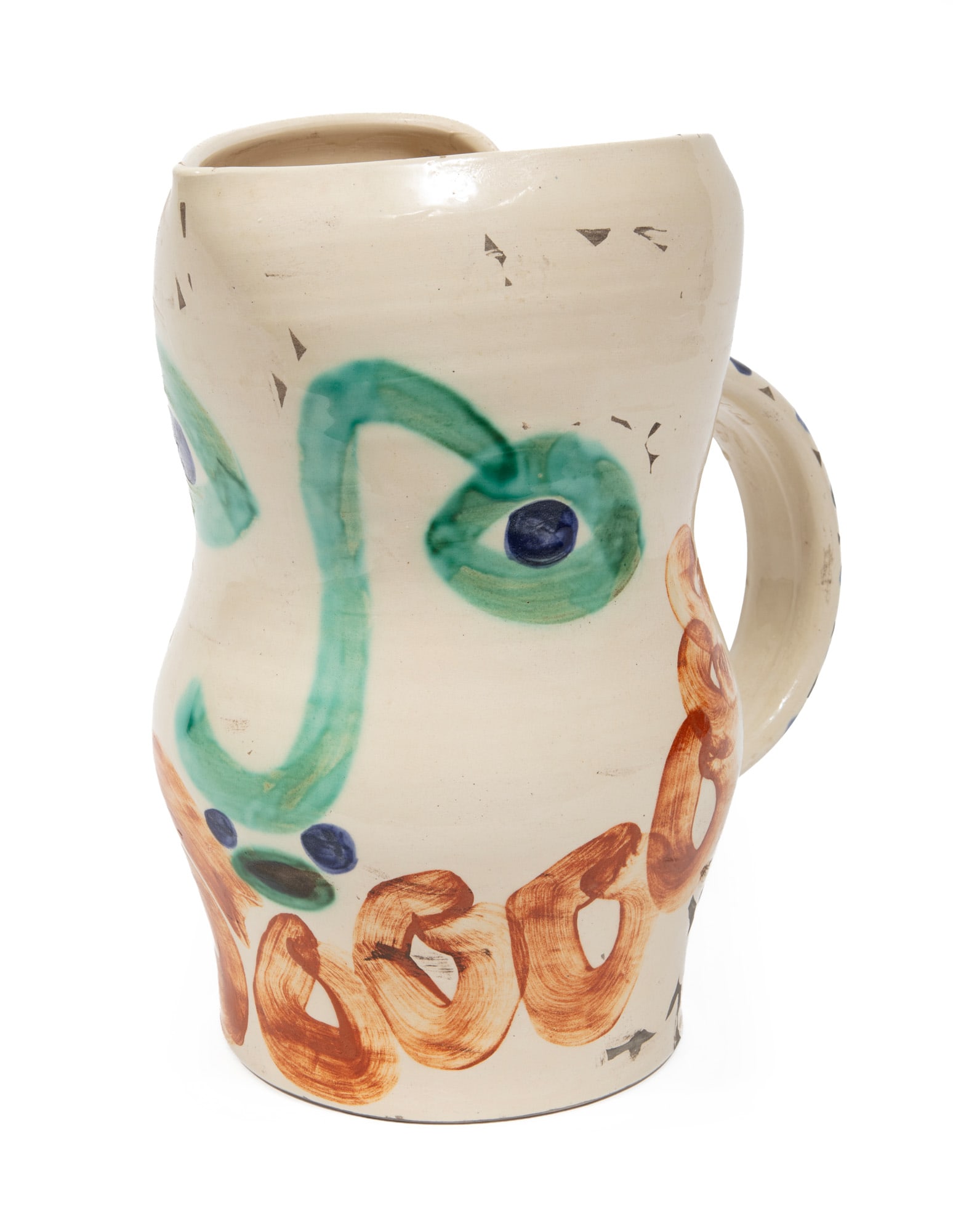 Pablo Picasso (Spanish, 1881-1973): Pablo Picasso (Spanish, 1881-1973) ?Visage aux cercles?, 1969, white earthenware ceramic pitcher with colored engobe and partially glazed, dated, numbered 241/500, with the workshop numbering 'R140', 