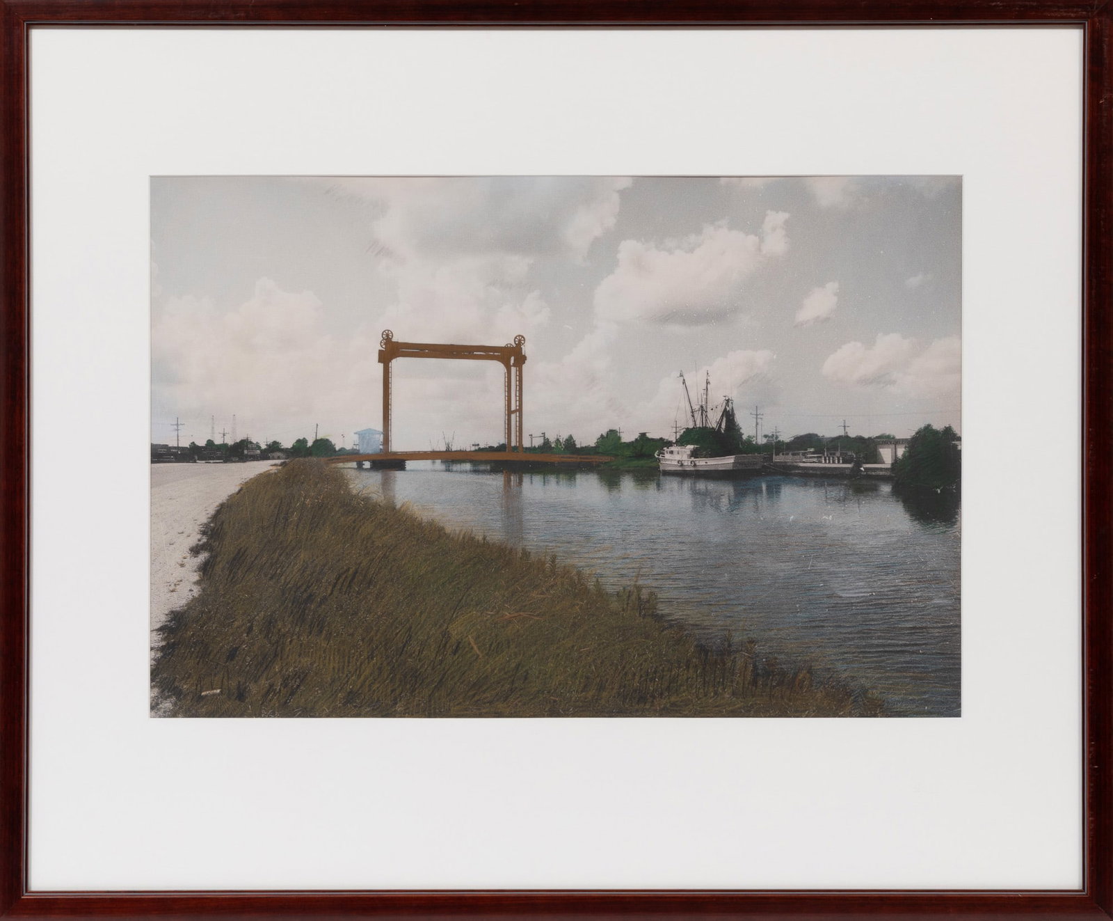 Emery Ann Clark, American/Louisiana b. 1950, "Golden Meadow Lift Bridge", hand-embellished: Emery Ann Clark American/Louisiana, b. 1950 "Golden Meadow Lift Bridge" hand-embellished photolithograph mounted to board 1981, signed and dated lower right, framed. 17 3/4 x 27 in. (45.1 x 68.6 cm.),