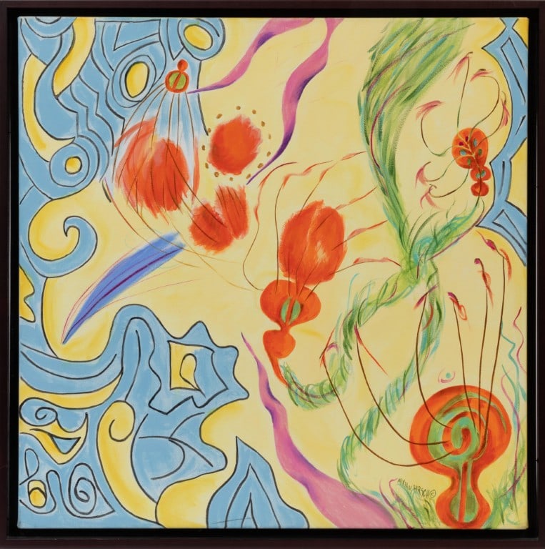 Miriam Hirsch, American/Louisiana b. 1947, "Chinoiserie", acrylic on canvas: Miriam Hirsch American/Louisiana, b. 1947 "Chinoiserie" acrylic on canvas 2003, signed lower right, signed, titled, dated and "Cole Pratt Gallery, New Orleans, LA" label with artist and title en verso