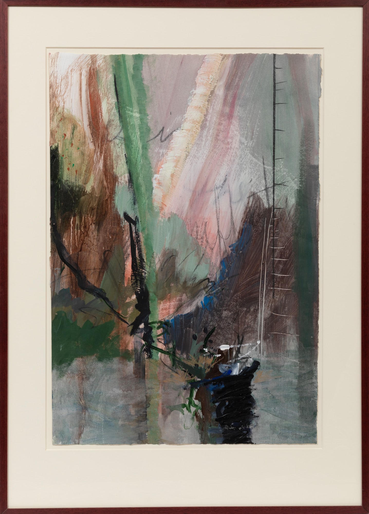 Allison Stewart, American/Louisiana b. 1941, "Untitled Abstract", acrylic on paper: Allison Stewart American/Louisiana, b. 1941 "Untitled Abstract" acrylic on paper signed lower right, framed. 34 1/4 x 24 3/4 in. (87 x 62.9 cm.), Frame: 47 1/2 x 34 x 1 1/4 in. (120.7 x 86.4 x 3.2 cm.