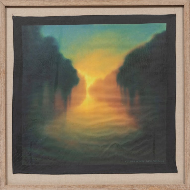 Melissa Bonin, American/Louisiana b. 1960, "Bayou Sunset", screenprint on silk scarf stitched to: Melissa Bonin American/Louisiana, b. 1960 "Bayou Sunset" screenprint on silk scarf stitched to fabric board signed and personalized on backing, signed in plate lower left, artist and city printed lowe