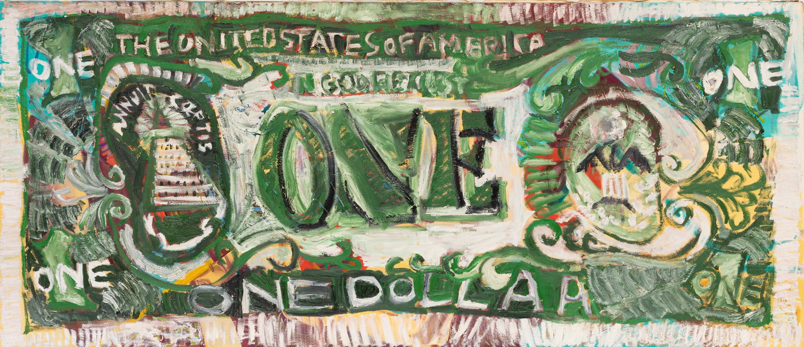 Natalie Gaidry, American/Louisiana b. 1961, ?One Dollar - In God We Trust?, oil on canvas: Natalie Gaidry American/Louisiana, b. 1961 ?One Dollar - In God We Trust? oil on canvas 1996/1999, signed and dated en verso, titled and dated on stretcher, titled on side, unframed. Note: Natalie Gai