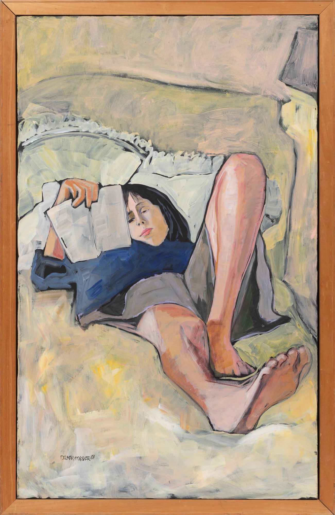 Rise Delmar-Ochsner, American/Louisiana 1944-2025, ?Reading in Bed?, acrylic on canvas: Rise Delmar-Ochsner American/Louisiana, 1944-2025 ?Reading in Bed? acrylic on canvas 1988, signed and dated lower left, framed. Note: Rise Delmar-Ochsner was born and raised in New York City where her