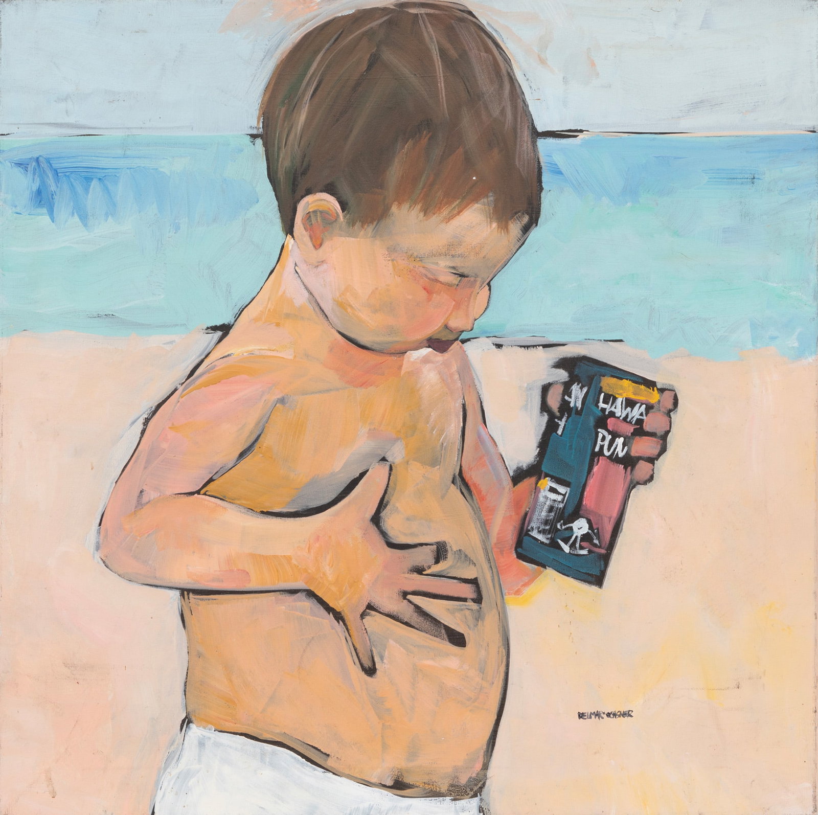 Rise Delmar-Ochsner, American/Louisiana 1944-2025, "Beach Baby with Hawaiian Punch", acrylic on: Rise Delmar-Ochsner American/Louisiana, 1944-2025 "Beach Baby with Hawaiian Punch" acrylic on canvas signed lower right, unframed. 23 7/8 x 23 7/8 in. (60.6 x 60.6 cm)