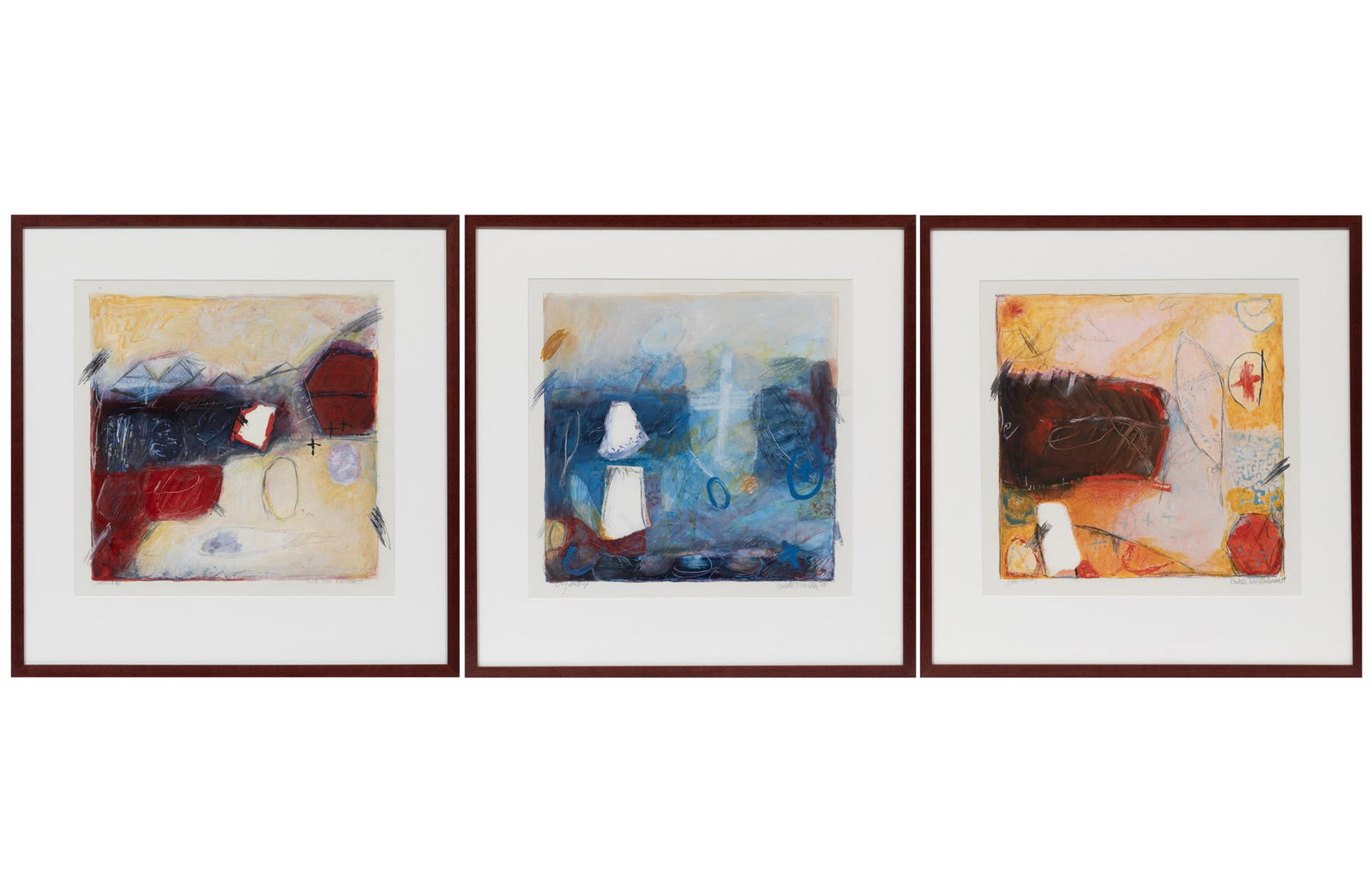 Paulette Tokar Whiteman, American/Louisiana b. 1950, "Guy Indigo", "Untitled G" and "Amer Work", 3: Paulette Tokar Whiteman American/Louisiana, b. 1950 "Guy Indigo", "Untitled G" and "Amer Work" 3 acrylics and mixed media on paper 1984, each pencil-signed and dated lower right, titled lower left, fr
