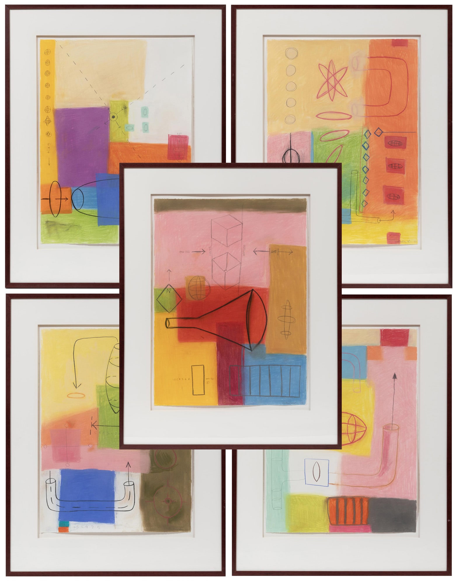 Marie Bukowski, American/Louisiana 20th c., "Obelus Series", 5 pastel, charcoal and graphites on: Marie Bukowski American/Louisiana, 20th c. "Obelus Series" 5 pastel, charcoal and graphites on paper mounted to board 2003, each signed and dated lower right, framed alike. (5 pcs.) Note: ?My work for