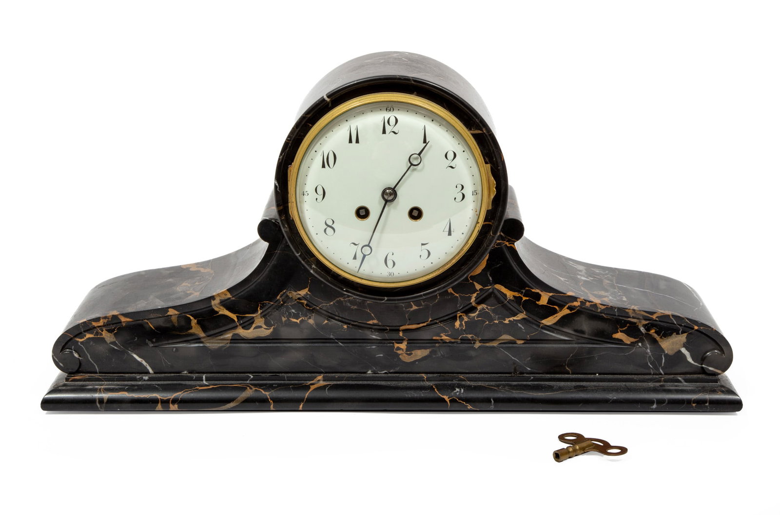 Antique French Marble Mantel Clock: Antique French Marble Mantel Clock striking gong movement with thirteen jewels 10 x 20 x 5 in. (25.4 x 50.8 x 12.7 cm.)