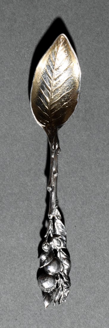 Gorham Sterling Silver Spoon: A Gorham Sterling Silver Spoon, 19th c., pattern no. 91, retailed by A.B. Griswold, New Orleans, gilt wash leaf form bowl and fruit handle, monogrammed "EWC" on reverse of bowl, length 5 3/4 in., toge