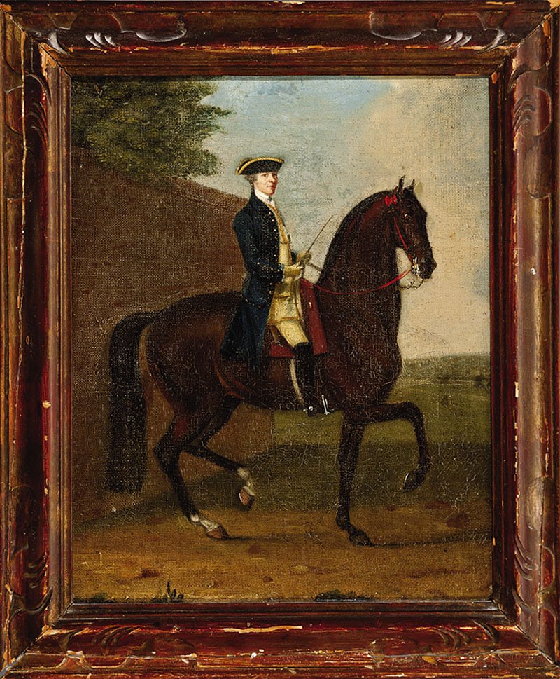 Circle of David Morier (Swiss/British, 1705-1770): Circle of David Morier (Swiss/British, 1705-1770), "A Gentleman on Horseback", c. 1750, oil on canvas, unsigned, 16 3/4 in. x 14 in., framed