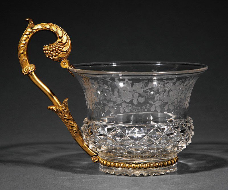 Gilt Bronze-Mounted Cut Glass Cabinet Cup: A Good Regency Gilt Bronze-Mounted Cut Glass Cabinet Cup, early 19th c., flared rim with floral decoration, height 5 in
