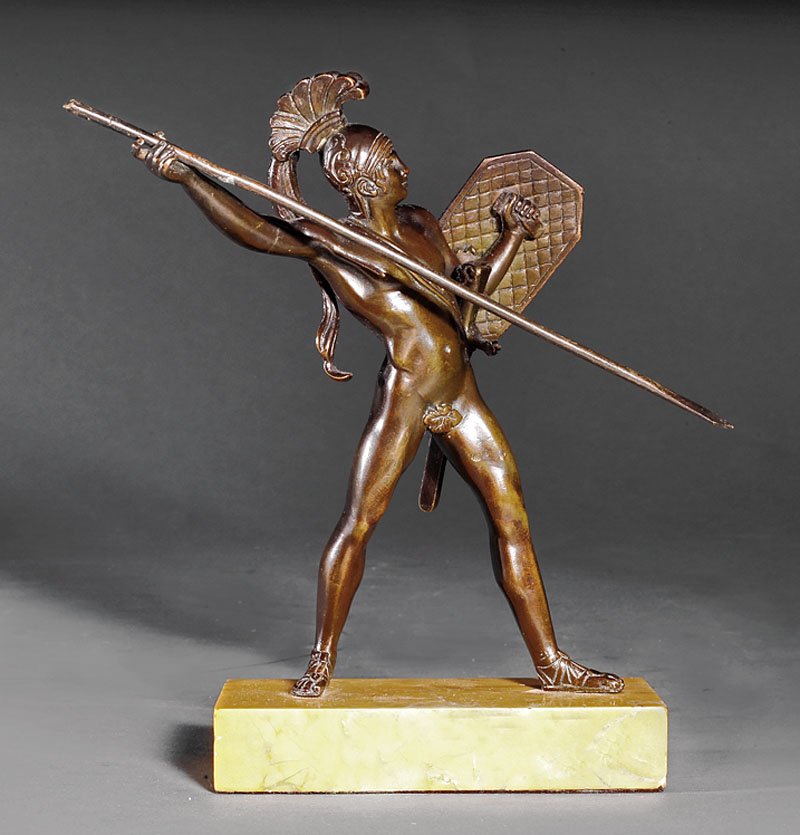 Patinated Bronze Figure of Greek Warrior: A Patinated Bronze Figure of a Greek Warrior with Medusa Shield and Spear, figure height 5 7/8 in., presented on a sienna marble base
