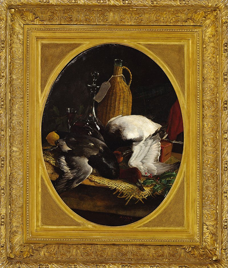 Adalbert Johann Volck (German/Maryland, 1828-1912): Adalbert Johann Volck (German/Maryland, 1828-1912), "The Christmas Hunt: Still Life with Ducks, Wine, Lemon, Cigar Box, and Holly", 1873, oil on board, signed and dated lower right, 26 3/4 in. x 21 1/