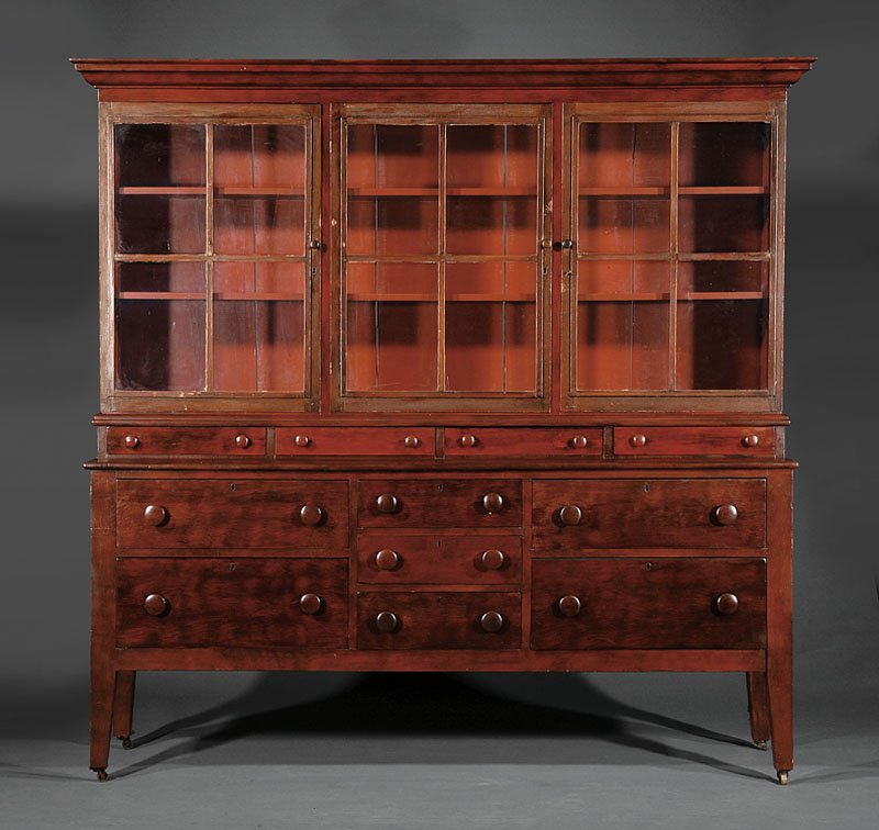 American Federal-Style Grain-Painted Cupboard: A Good American Federal-Style Grain-Painted Cupboard, 19th c., probably New Hampshire, upper case with molded cornice, three short glazed doors, shelf interior, four drawers below; lower case with thr