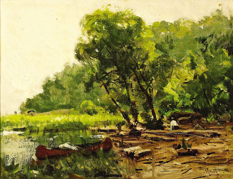 Gilbert Gaul (American, 1855-1919): Gilbert Gaul (American, 1855-1919), "Southern Landscape with a Canoe on the Shore", oil on canvas board, signed lower right, 12 in. x 15 7/8 in., framed
